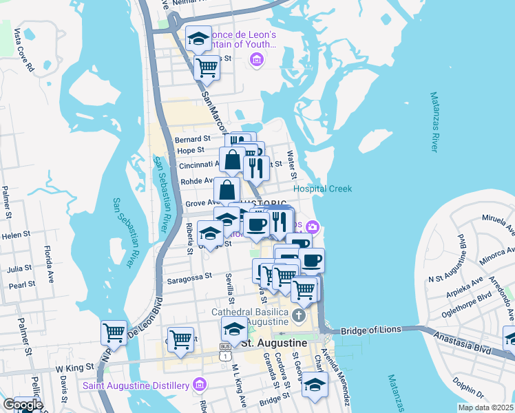 map of restaurants, bars, coffee shops, grocery stores, and more near 10 West Castillo Drive in St. Augustine
