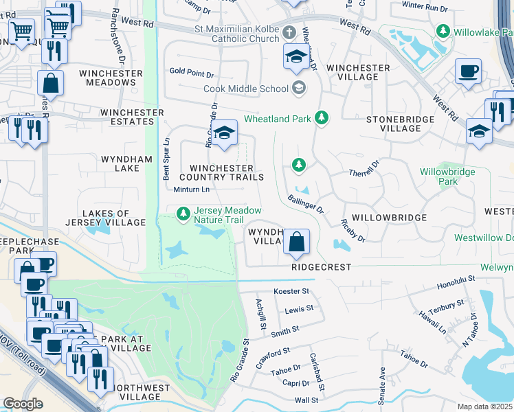 map of restaurants, bars, coffee shops, grocery stores, and more near 8807 Crazy Horse Trail in Houston