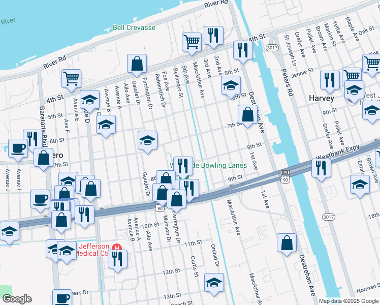 map of restaurants, bars, coffee shops, grocery stores, and more near 728 Bellanger Street in Harvey