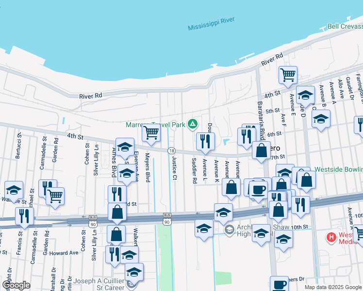 map of restaurants, bars, coffee shops, grocery stores, and more near 372 Robinson Avenue in Marrero