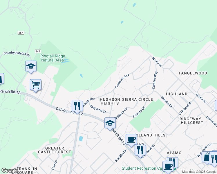map of restaurants, bars, coffee shops, grocery stores, and more near 104 Lady Bird Lane in San Marcos
