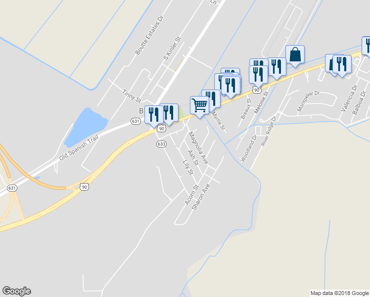 map of restaurants, bars, coffee shops, grocery stores, and more near 322 Ash Street in Boutte