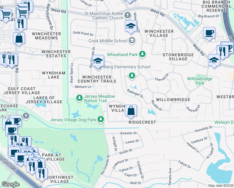 map of restaurants, bars, coffee shops, grocery stores, and more near 8806 Crazy Horse Trail in Houston