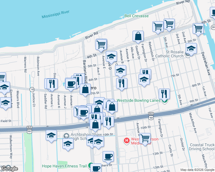 map of restaurants, bars, coffee shops, grocery stores, and more near 623 Avenue East in Marrero