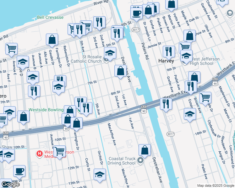 map of restaurants, bars, coffee shops, grocery stores, and more near 801 2nd Avenue in Harvey