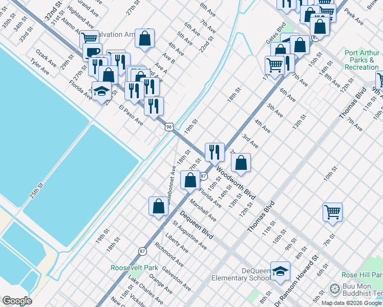 map of restaurants, bars, coffee shops, grocery stores, and more near 1801 Woodworth Boulevard in Port Arthur