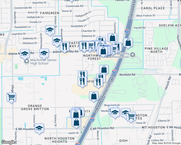 map of restaurants, bars, coffee shops, grocery stores, and more near 4955 Winfield Road in Houston
