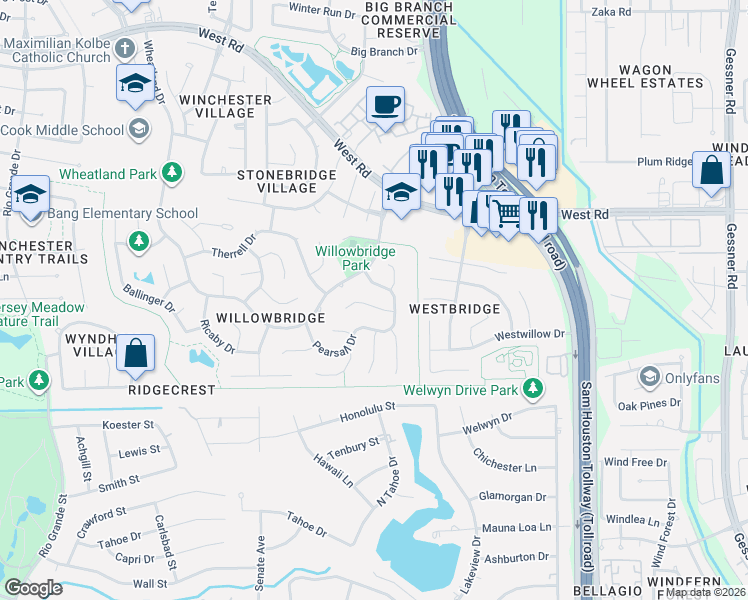 map of restaurants, bars, coffee shops, grocery stores, and more near 9402 Tascosa Lane in Houston