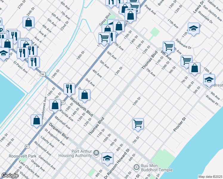 map of restaurants, bars, coffee shops, grocery stores, and more near 3137 12th St in Port Arthur