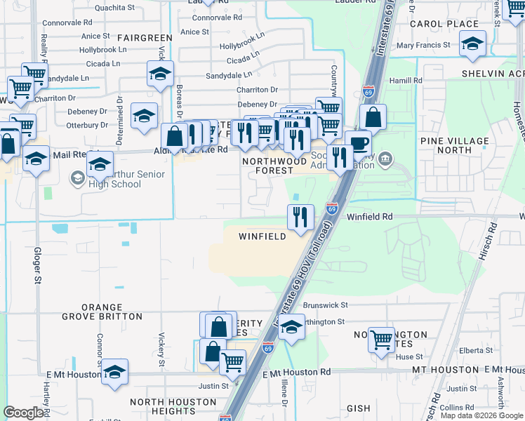map of restaurants, bars, coffee shops, grocery stores, and more near 4955 Winfield Road in Houston