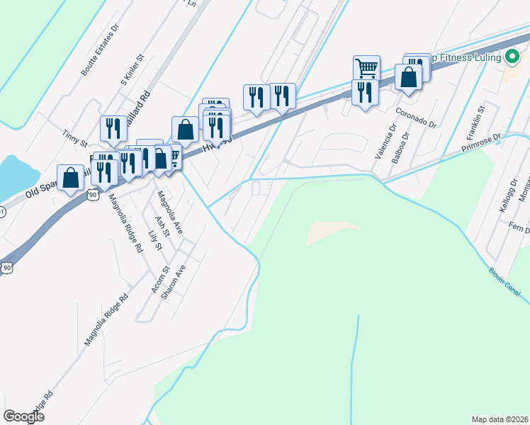 map of restaurants, bars, coffee shops, grocery stores, and more near 319 River Ridge Drive in Boutte