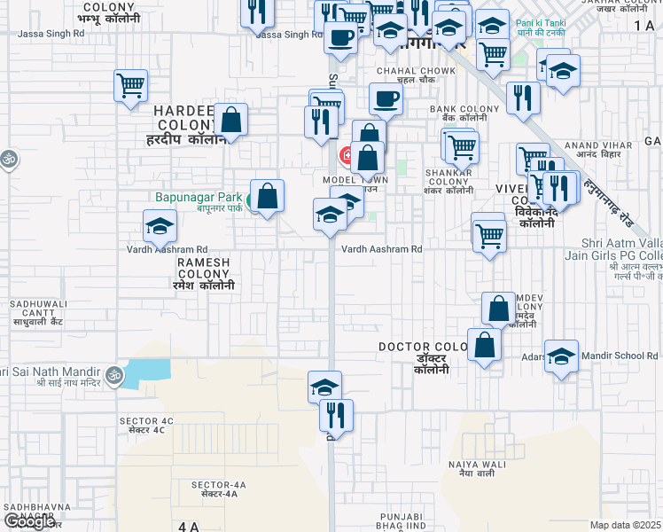 map of restaurants, bars, coffee shops, grocery stores, and more near Suratgarh Road in Sri Ganganagar