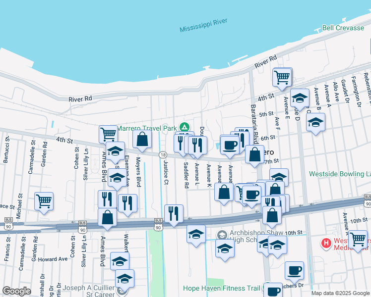 map of restaurants, bars, coffee shops, grocery stores, and more near 379 Saddler Road in Marrero