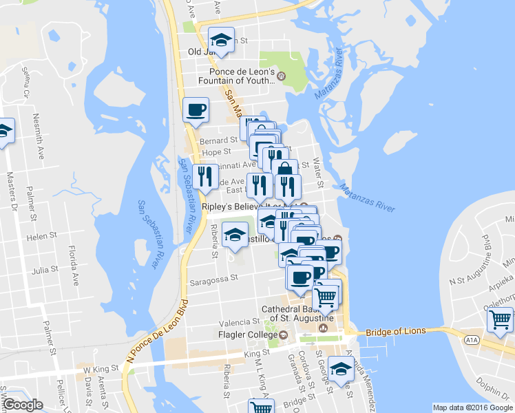 map of restaurants, bars, coffee shops, grocery stores, and more near 19 Grove Ave in St Augustine