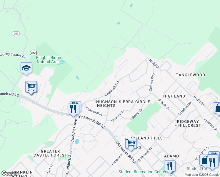 map of restaurants, bars, coffee shops, grocery stores, and more near 245 Craddock Avenue in San Marcos