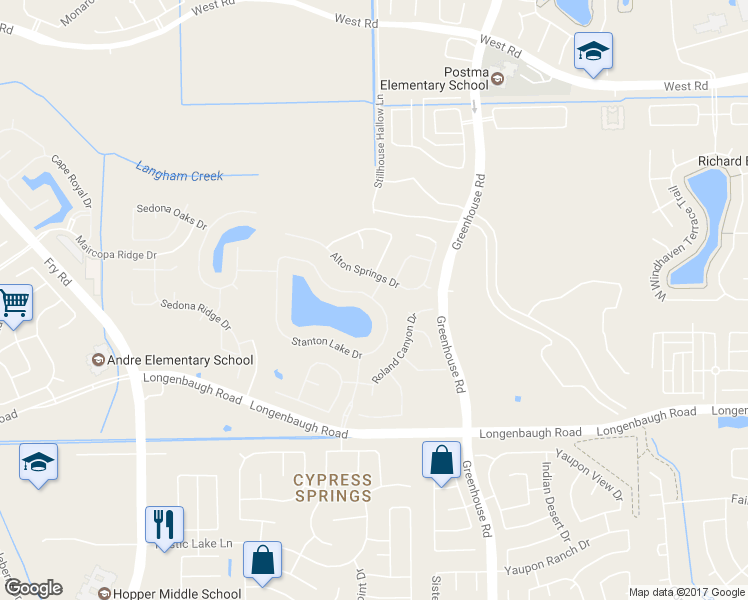 map of restaurants, bars, coffee shops, grocery stores, and more near 19214 Stanton Lake Drive in Cypress