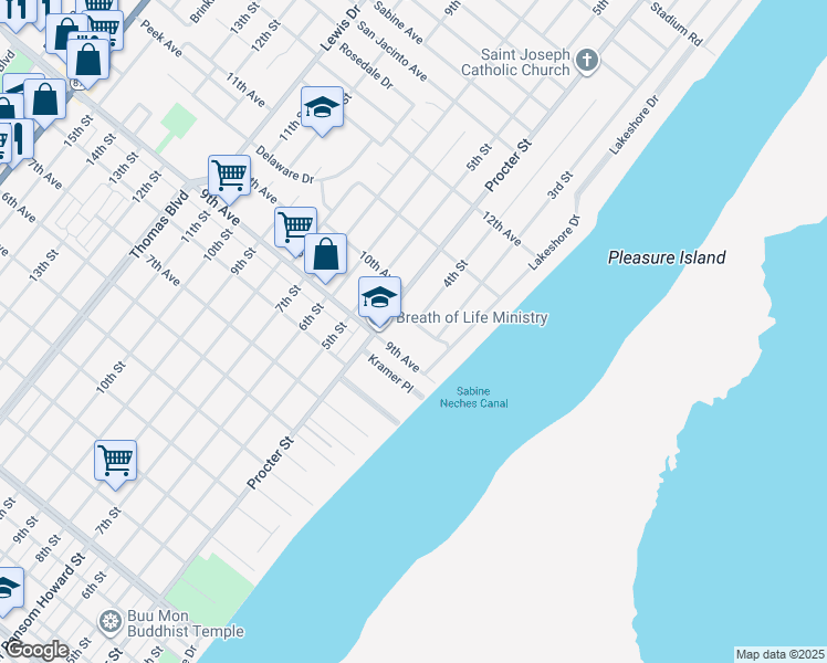 map of restaurants, bars, coffee shops, grocery stores, and more near 245 Dixie Drive in Port Arthur
