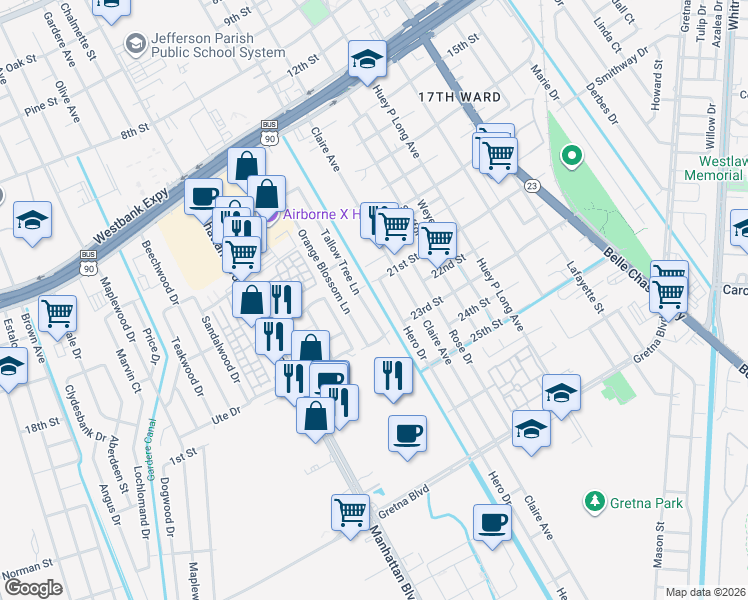 map of restaurants, bars, coffee shops, grocery stores, and more near 1141 Tallow Tree Lane in Harvey