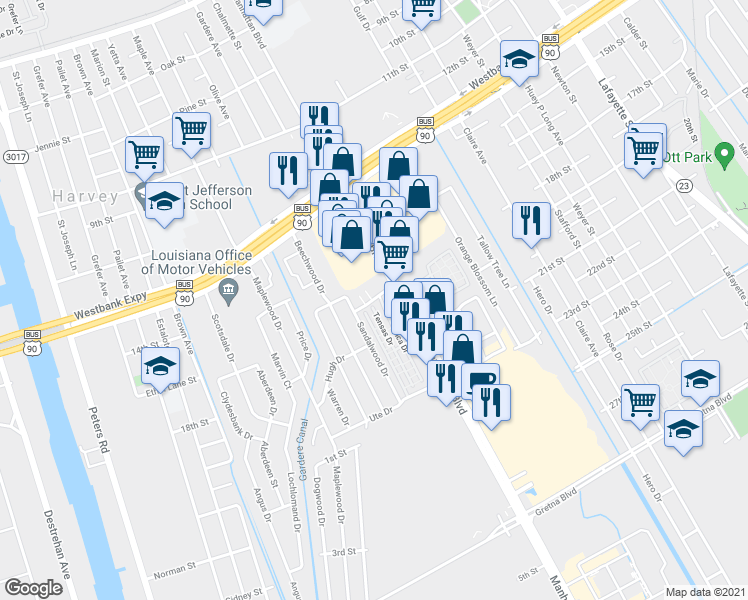 map of restaurants, bars, coffee shops, grocery stores, and more near 1612 Apache Drive in Harvey