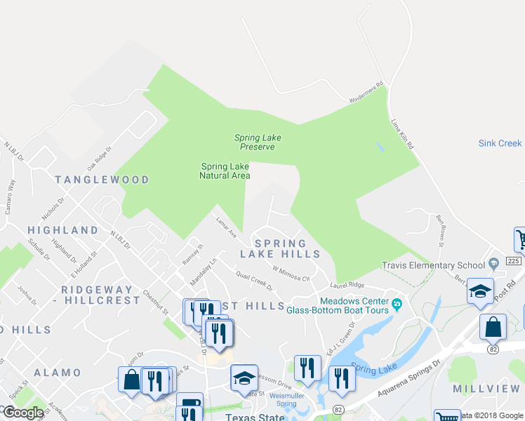 map of restaurants, bars, coffee shops, grocery stores, and more near 105 Norcrest Drive in San Marcos