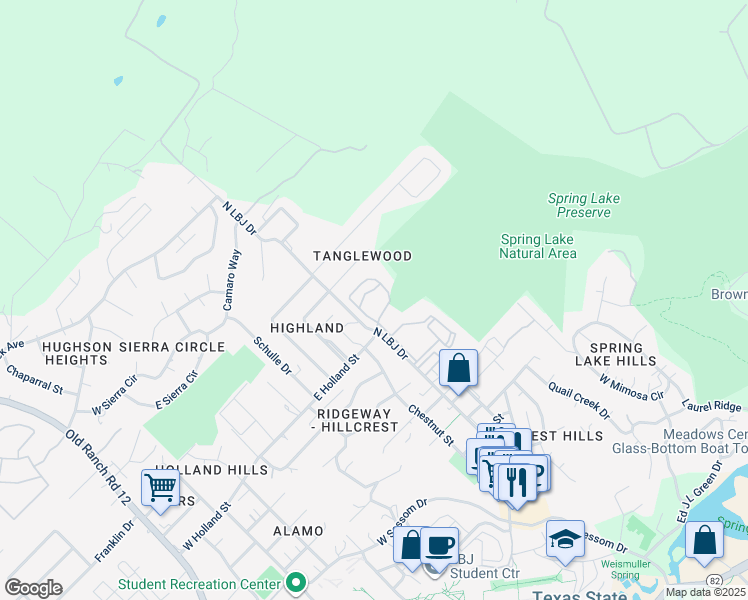 map of restaurants, bars, coffee shops, grocery stores, and more near 1410 North LBJ Drive in San Marcos