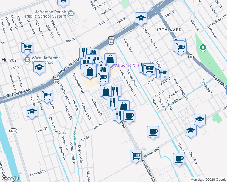 map of restaurants, bars, coffee shops, grocery stores, and more near 1050 Manhattan Boulevard in Harvey