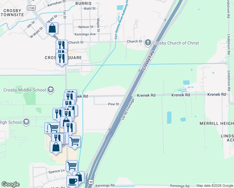 map of restaurants, bars, coffee shops, grocery stores, and more near 3201 U.S. 90 in Crosby