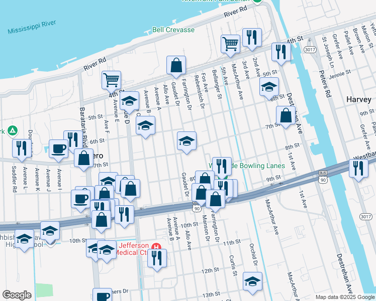 map of restaurants, bars, coffee shops, grocery stores, and more near 4100 7th Street in Marrero
