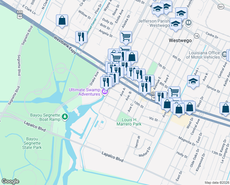map of restaurants, bars, coffee shops, grocery stores, and more near 130 10th Street in Westwego