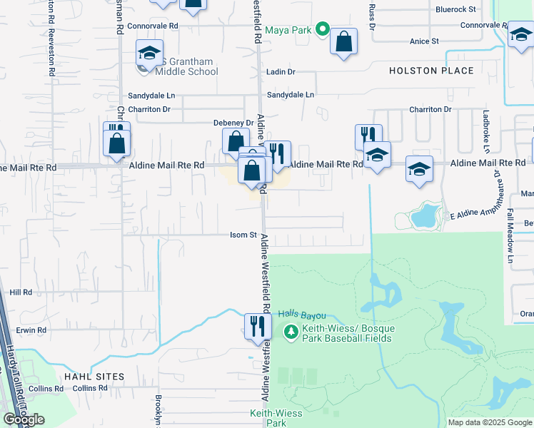 map of restaurants, bars, coffee shops, grocery stores, and more near 12750 Aldine Westfield Road in Houston