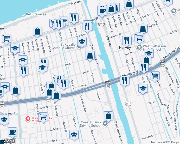 map of restaurants, bars, coffee shops, grocery stores, and more near 801 2nd Avenue in Harvey