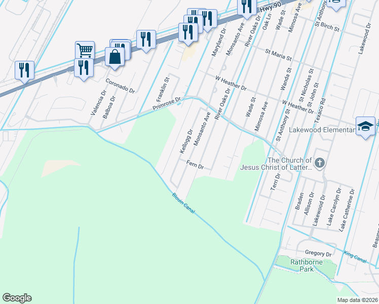 map of restaurants, bars, coffee shops, grocery stores, and more near 437 Monsanto Avenue in Luling
