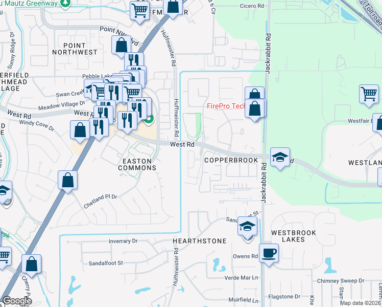 map of restaurants, bars, coffee shops, grocery stores, and more near 8414 Columbia Forest Drive in Houston