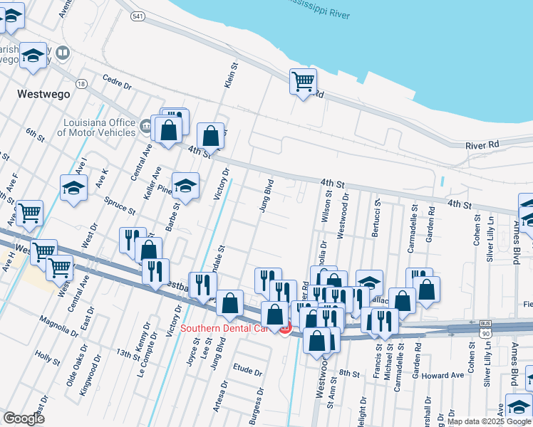 map of restaurants, bars, coffee shops, grocery stores, and more near 547 Jung Boulevard in Marrero
