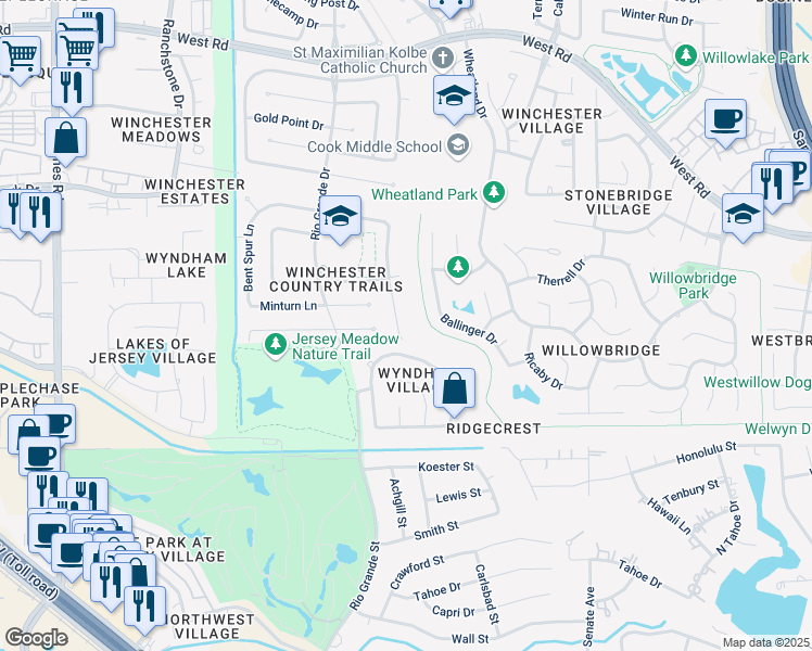 map of restaurants, bars, coffee shops, grocery stores, and more near 8807 Crazy Horse Trail in Houston
