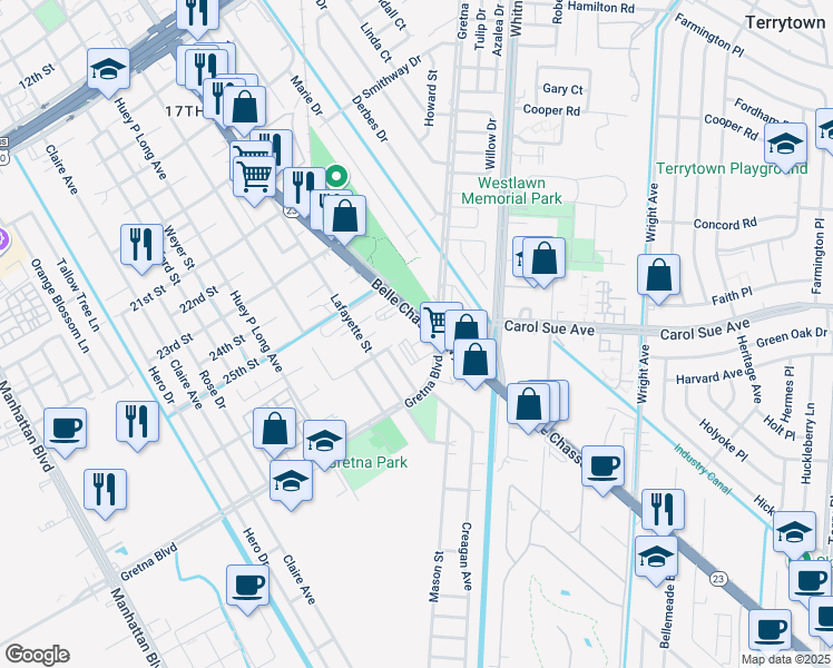 map of restaurants, bars, coffee shops, grocery stores, and more near 501 Gretna Boulevard in Gretna