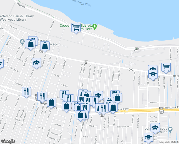 map of restaurants, bars, coffee shops, grocery stores, and more near 446 Westwood Drive in Marrero