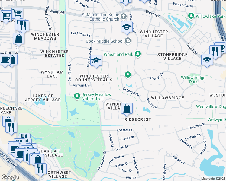 map of restaurants, bars, coffee shops, grocery stores, and more near 8807 Crazy Horse Trail in Houston