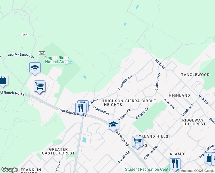 map of restaurants, bars, coffee shops, grocery stores, and more near 104 Lady Bird Lane in San Marcos