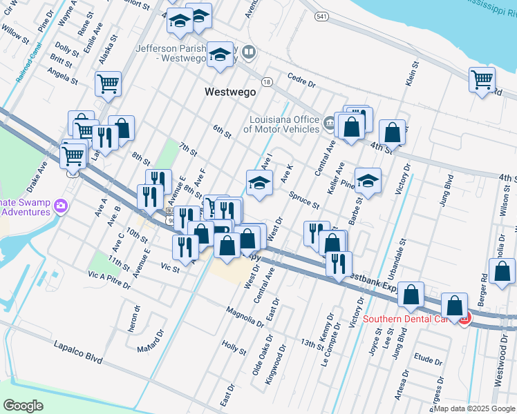map of restaurants, bars, coffee shops, grocery stores, and more near 801 Spartan Lane in Westwego