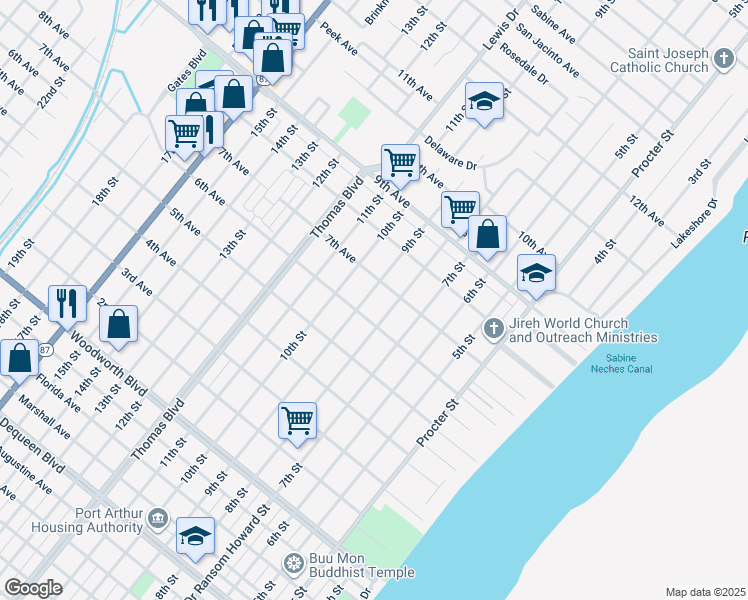 map of restaurants, bars, coffee shops, grocery stores, and more near 3425 8th Street in Port Arthur