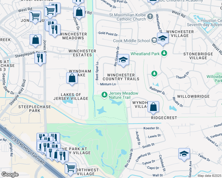 map of restaurants, bars, coffee shops, grocery stores, and more near 10503 Pearl Drive in Houston
