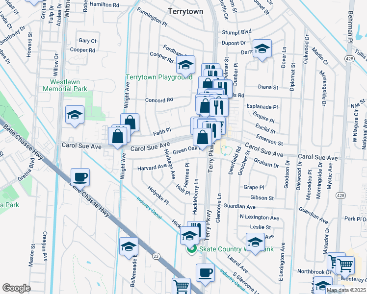 map of restaurants, bars, coffee shops, grocery stores, and more near 1929 Greenoak Drive in Terrytown