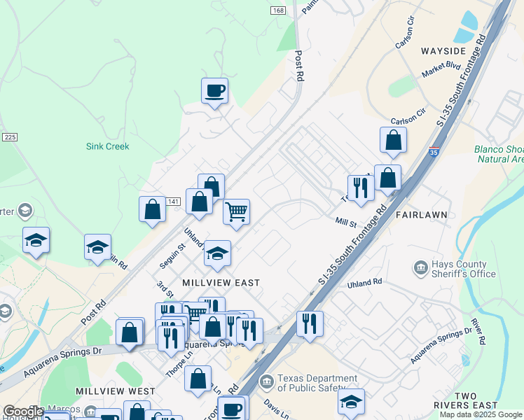 map of restaurants, bars, coffee shops, grocery stores, and more near 1659 Mill Street in San Marcos