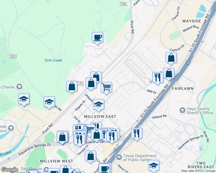 map of restaurants, bars, coffee shops, grocery stores, and more near 1655 Mill Street in San Marcos