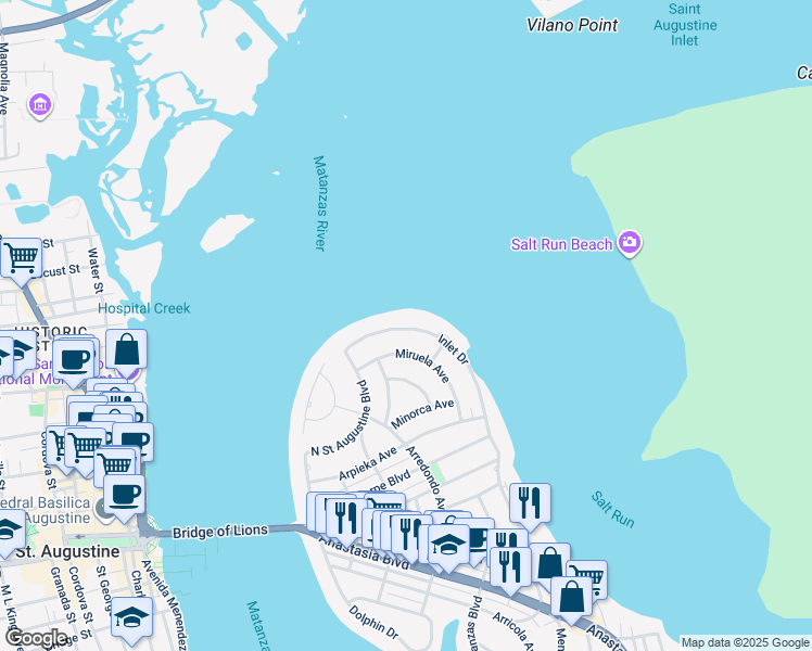 map of restaurants, bars, coffee shops, grocery stores, and more near 25 Coquina Avenue in St. Augustine