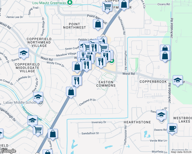 map of restaurants, bars, coffee shops, grocery stores, and more near 15125 West Road in Houston