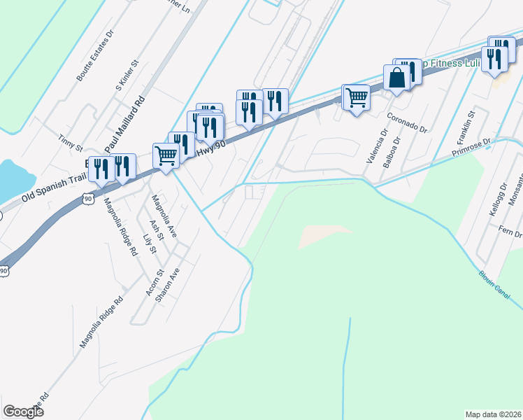 map of restaurants, bars, coffee shops, grocery stores, and more near 319 River Ridge Drive in Boutte