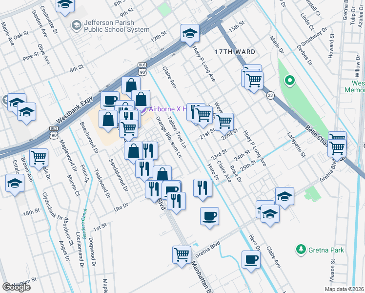 map of restaurants, bars, coffee shops, grocery stores, and more near 1130 Orange Blossom Lane in Harvey
