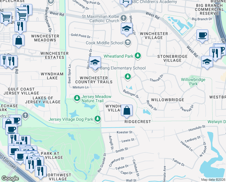 map of restaurants, bars, coffee shops, grocery stores, and more near 8806 Crazy Horse Trail in Houston